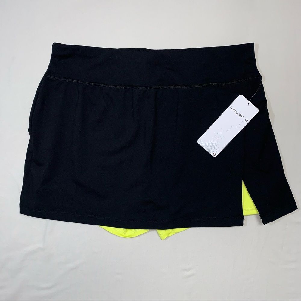 NWT LAYER 8 Skort Women's Large Tennis Golf Performance Black Neon Yellow SHorts